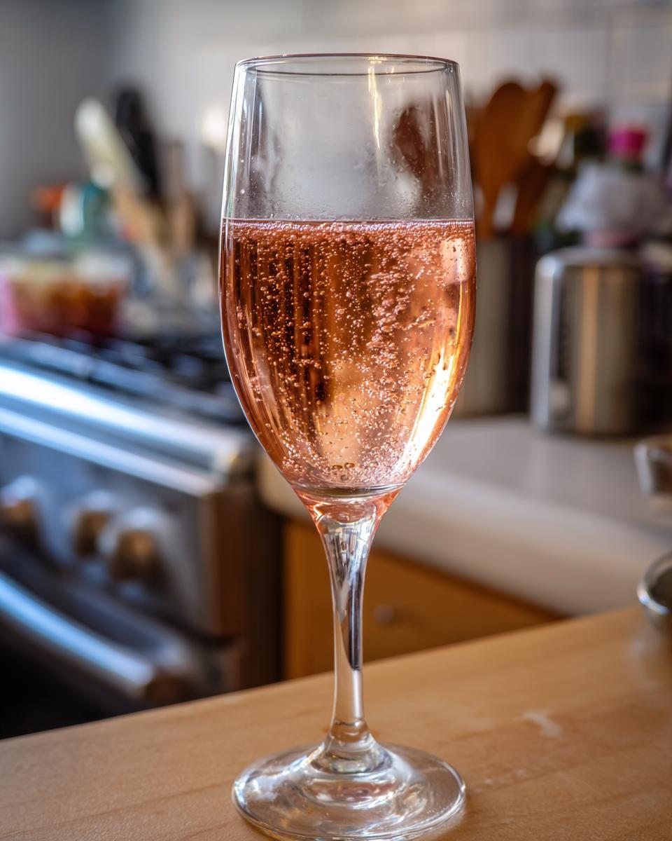 A close-up of a glass filled with bubbly pink rose champagne, perfect for celebrating.