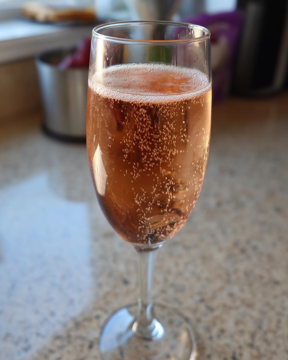 A close-up of a flute glass filled with bubbly rose champagne, showcasing its delicate pink hue and effervescence.