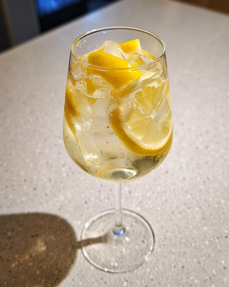 A close-up of a Best St Germain cocktail filled with ice and garnished with fresh lemon slices.