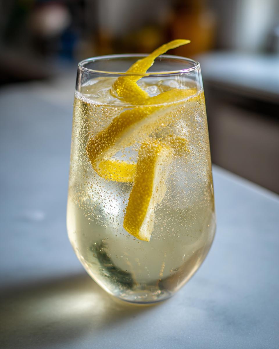 A refreshing Best St Germain cocktail in a tall glass, garnished with a lemon twist and ice.
