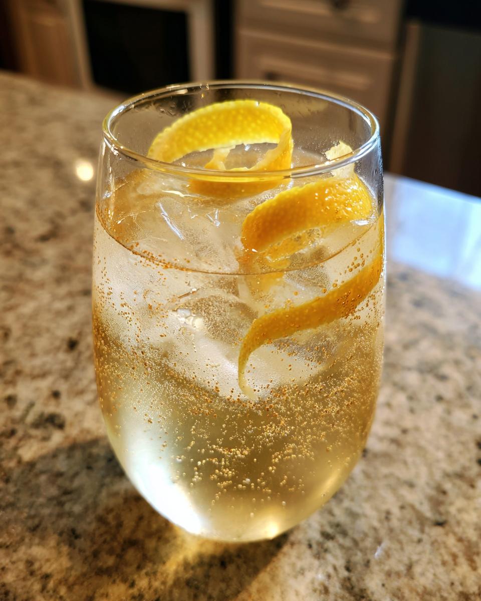 Close-up of a refreshing Best St Germain Cocktail with ice, lemon peel garnish, and sparkling bubbles.