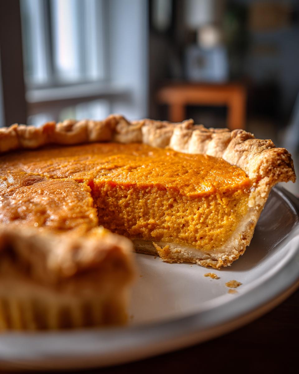 A close-up of a slice of the Best Vegan Sweet Potato Pie on a white plate, showing the flaky crust and smooth filling.