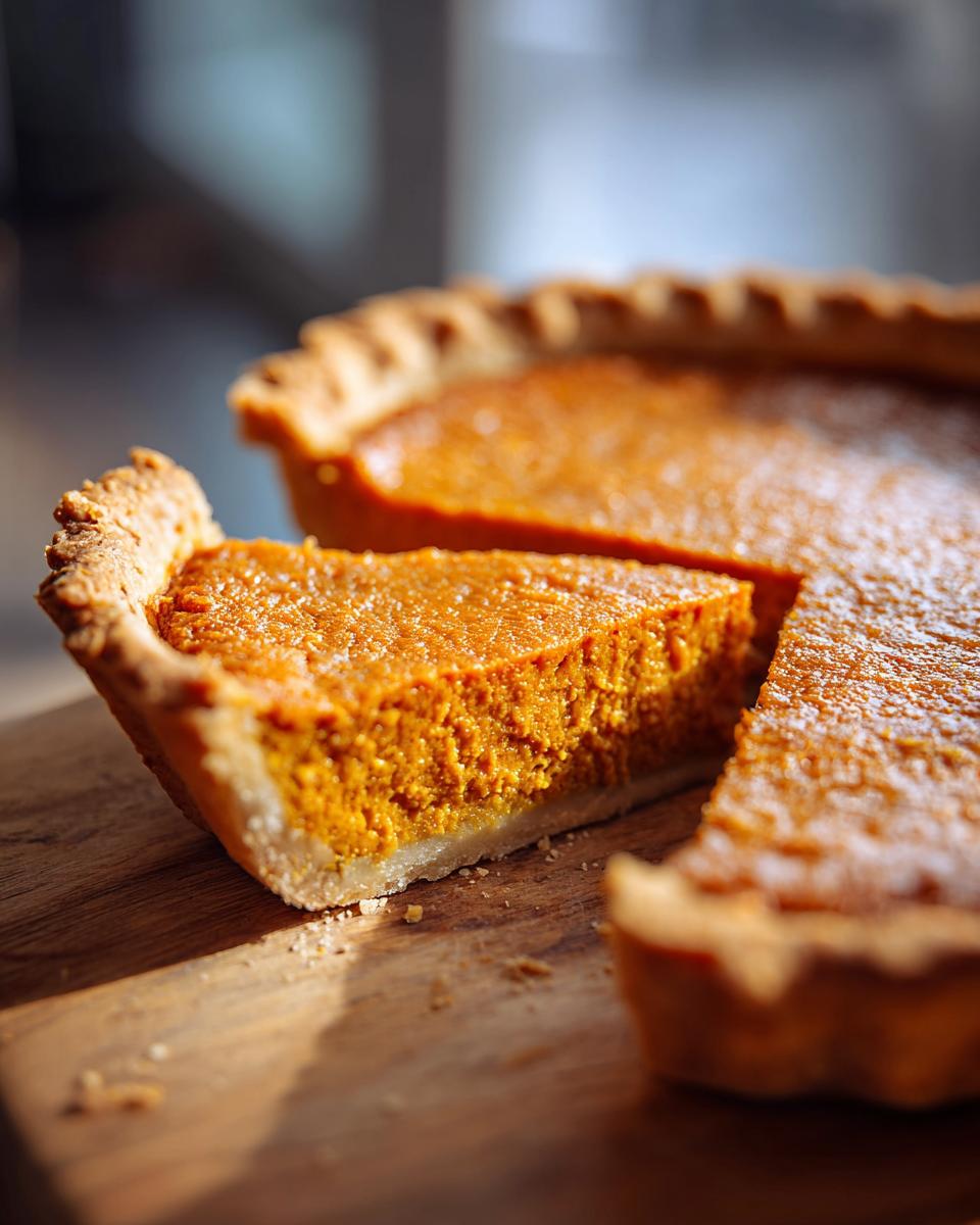 A close-up of a slice of the Best Vegan Sweet Potato Pie, showing its rich orange filling and flaky crust.