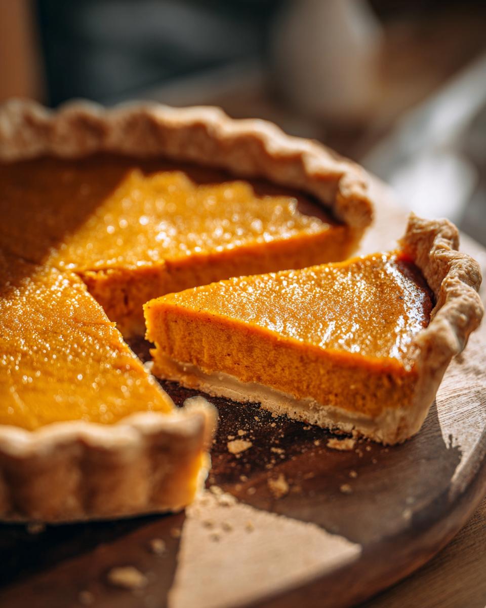 A close-up of a slice of the Best Vegan Sweet Potato Pie, showing its smooth, vibrant orange filling and flaky crust.