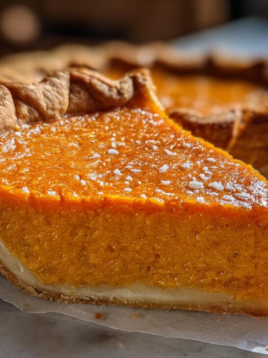 A close-up of a slice of the Best Vegan Sweet Potato Pie, showing its rich orange filling and flaky crust.