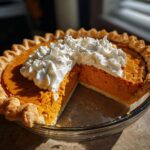 A slice of the Best Vegan Sweet Potato Pie, topped with fluffy whipped cream, in a glass pie dish.