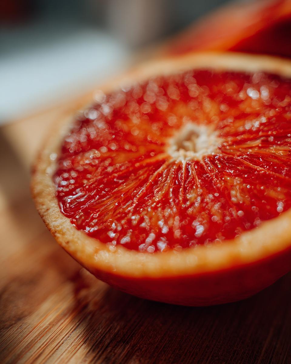 Close-up of a juicy blood orange slice, a vibrant ingredient for healthy dinner recipes.
