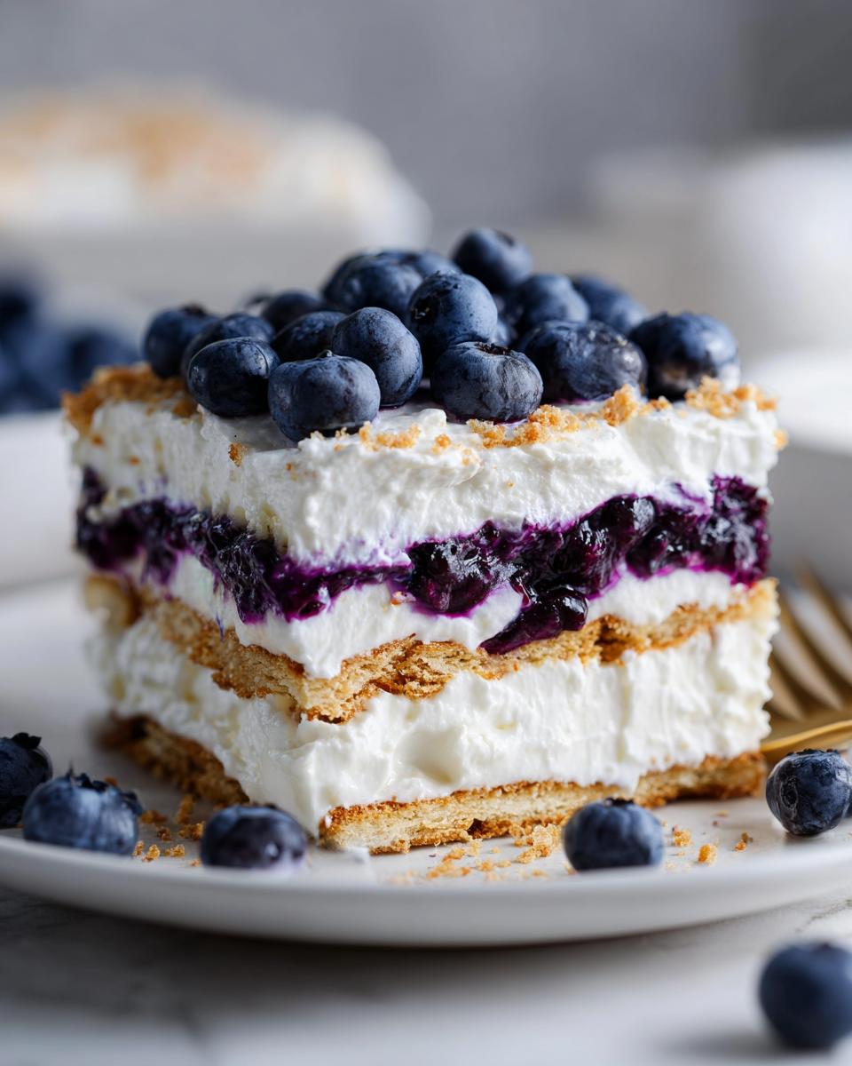 A layered slice of Blueberry Cheesecake Icebox Cake topped with fresh blueberries and graham cracker crumbs.