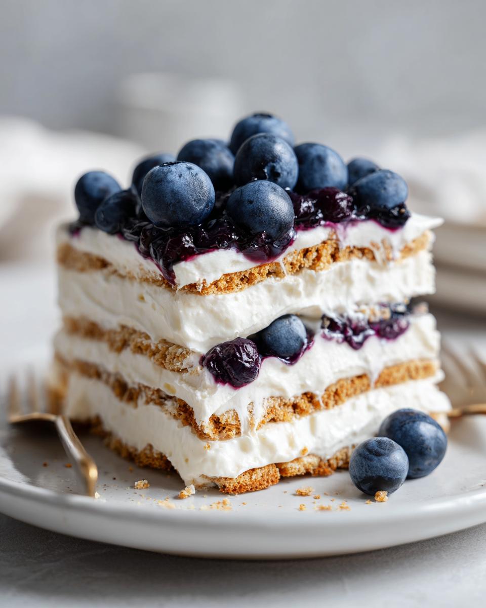 A layered slice of Blueberry Cheesecake Icebox Cake featuring graham crackers, cream cheese filling, and topped with fresh blueberries.