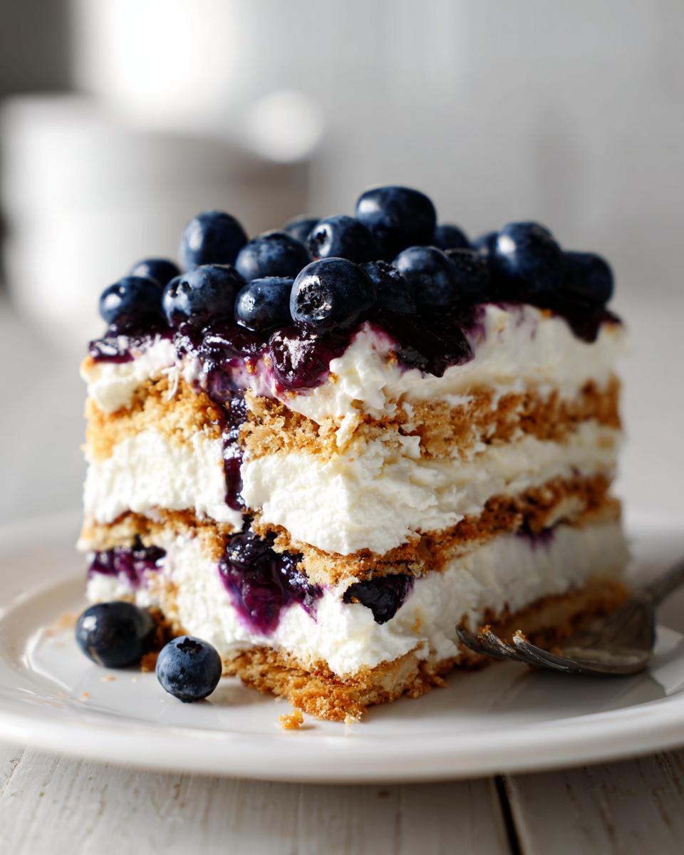 A tall, layered slice of Blueberry Cheesecake Icebox Cake topped with fresh blueberries and sauce.