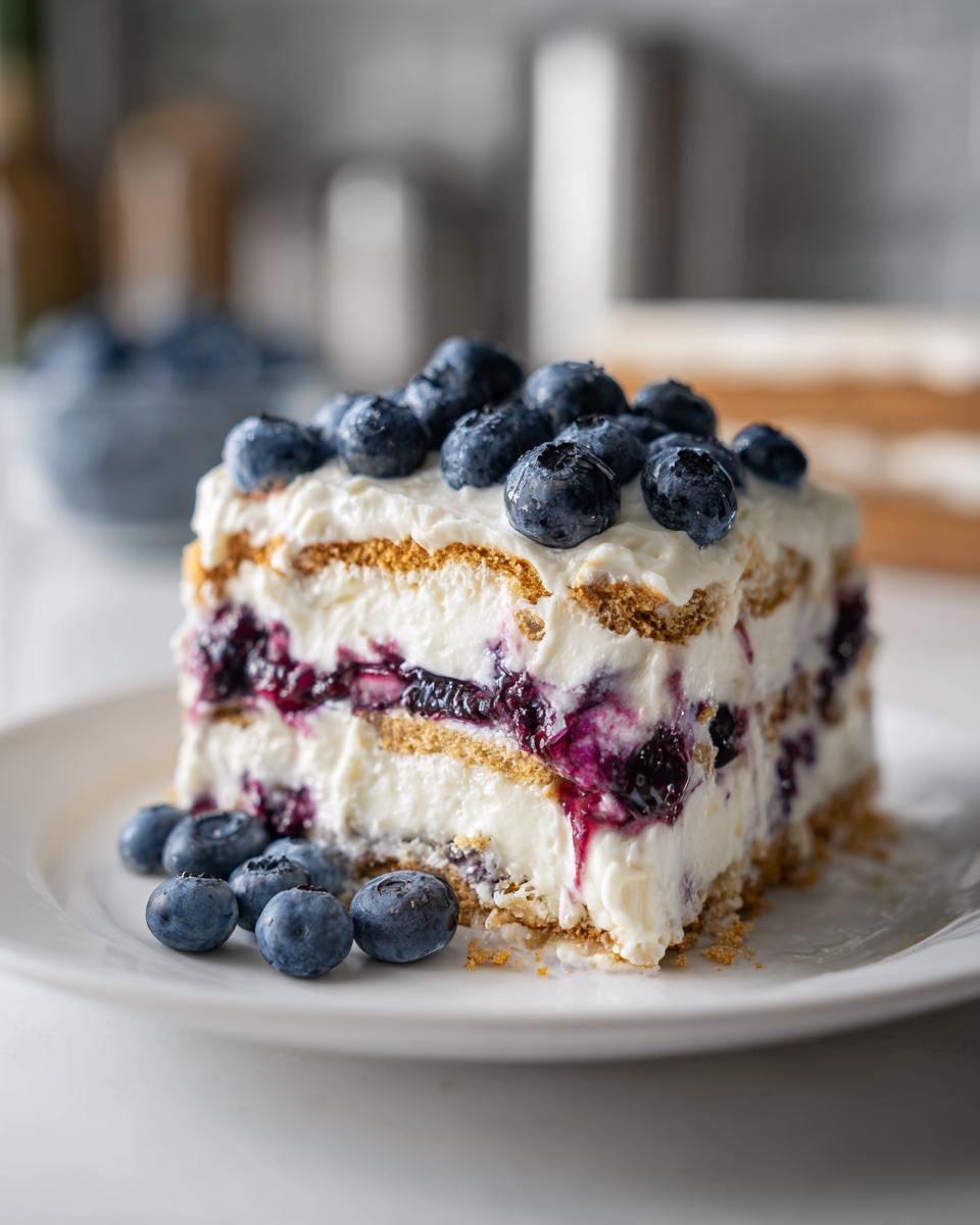 A perfect slice of Blueberry Cheesecake Icebox Cake showing layers of cream, graham crackers, and blueberry filling, topped with fresh blueberries.