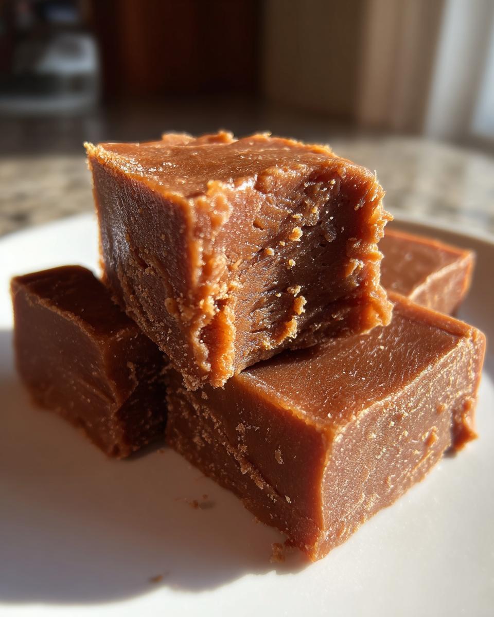 Close-up of several rich, brown squares of homemade Brown Sugar Fudge stacked on a white plate.