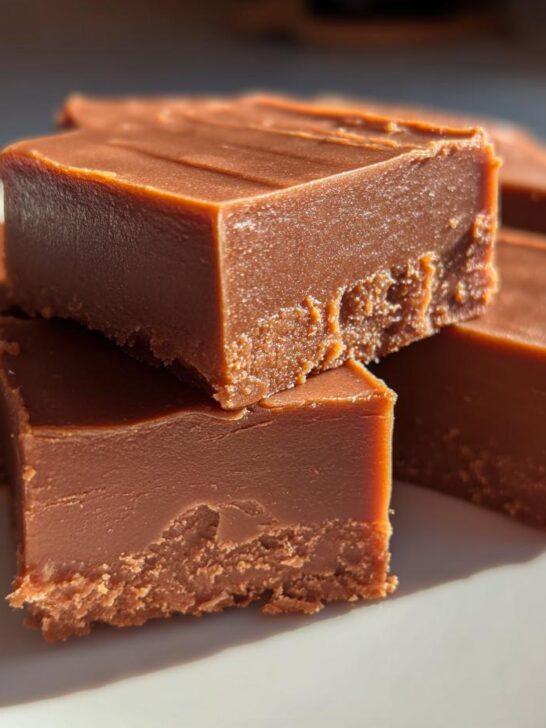 A stack of rich, chocolatey squares of Brown Sugar Fudge resting on a light-colored plate.
