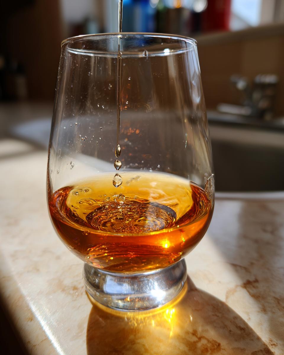 Close-up of Bruichladdich Classic Laddie whisky being poured into a glass, with drops creating ripples.