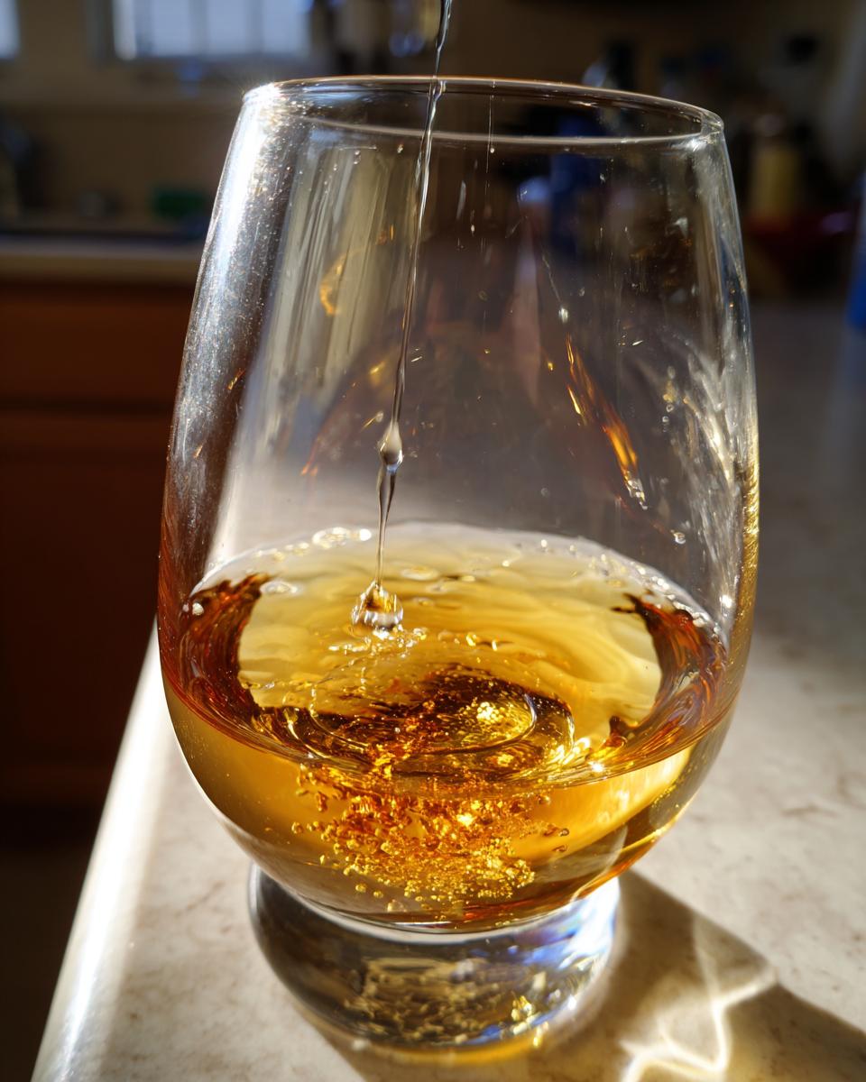 A stream of Bruichladdich Classic Laddie whisky is poured into a tasting glass, creating ripples.