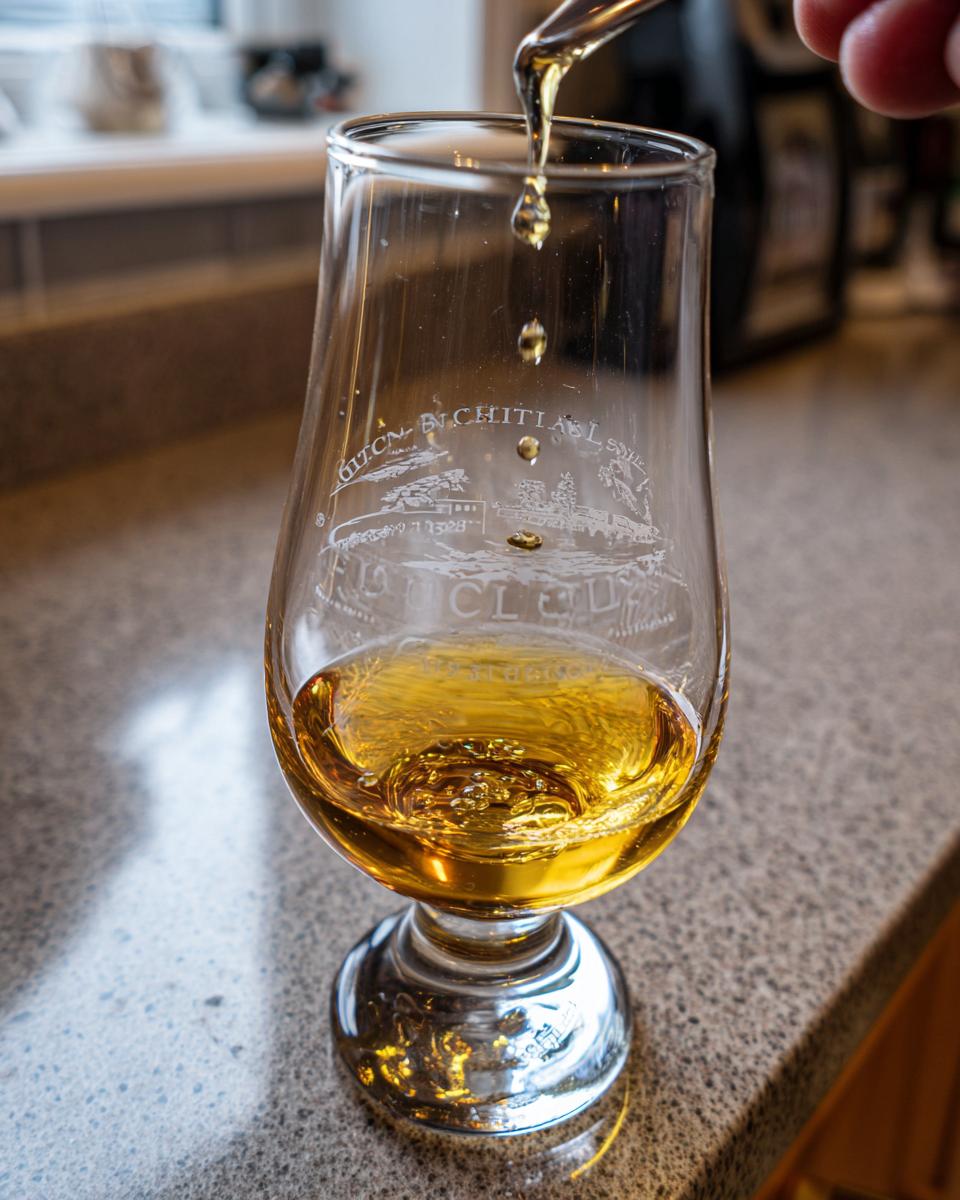 Close-up of Bruichladdich Classic Laddie whisky being poured into a branded tasting glass.
