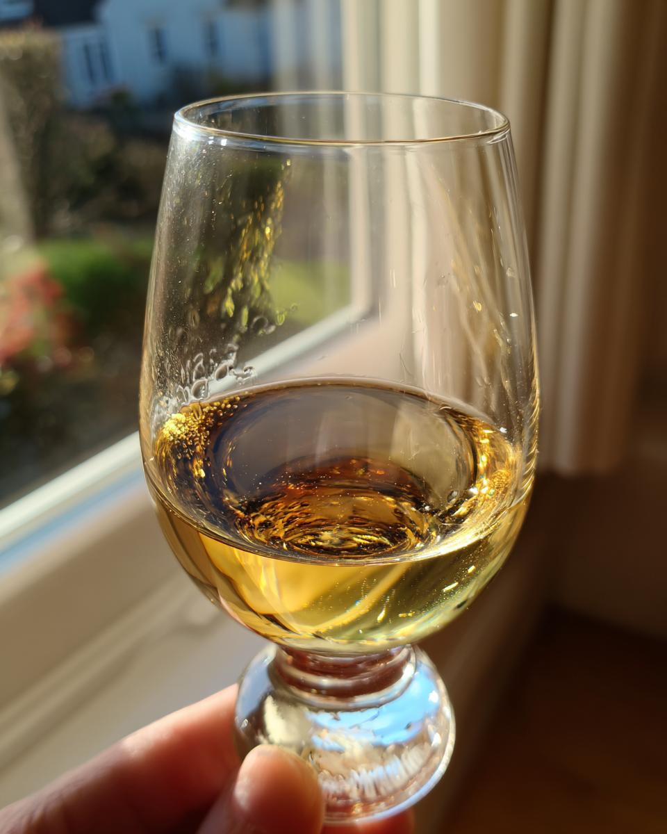 A hand holds a glass of golden Bruichladdich Classic Laddie whisky, with light glinting off the liquid.