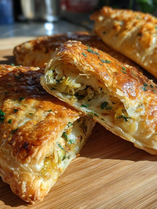 Close-up of golden-brown Brussels Sprouts Mozzarella Hand Pies, one cut open to reveal the cheesy filling.