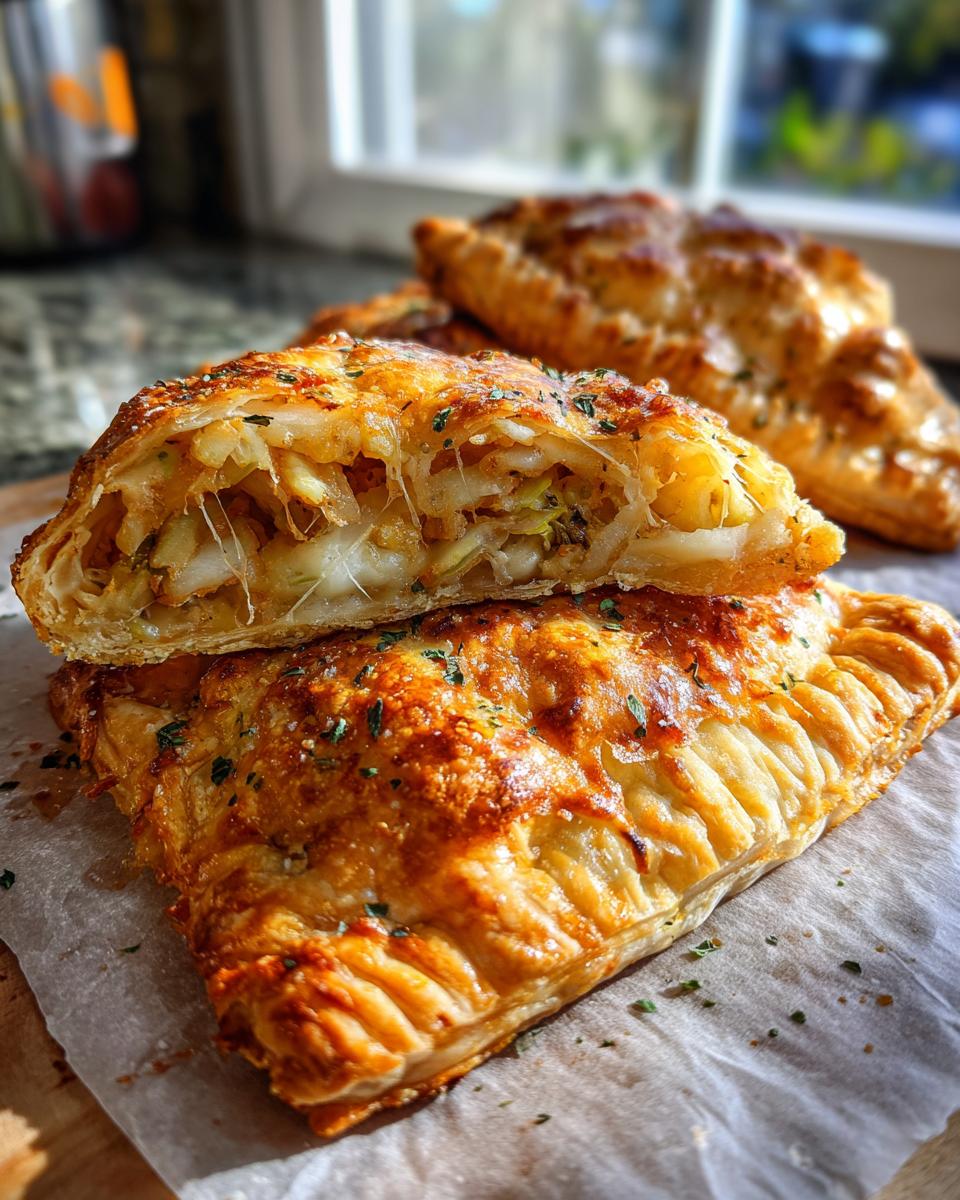 Close-up of a golden-brown Brussels Sprouts Mozzarella Hand Pie, cut open to reveal melted cheese and filling.