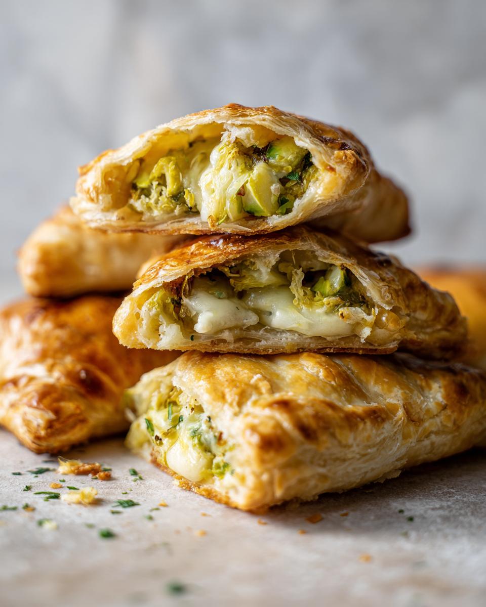 A stack of golden-brown Brussels Sprouts Mozzarella Hand Pies, one cut open to reveal the cheesy filling.