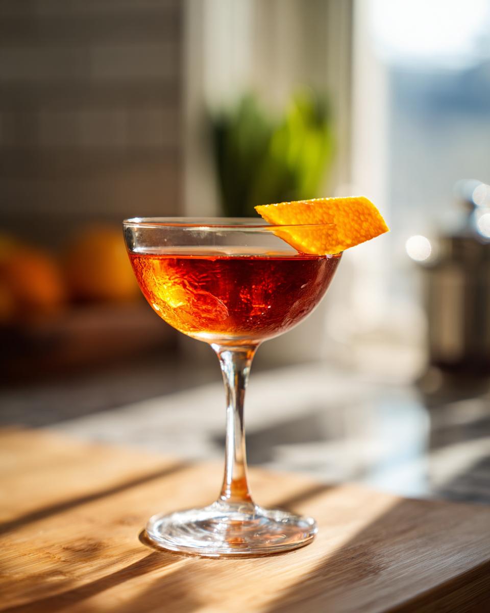A perfectly chilled Bushwick Cocktail Recipe served in a coupe glass, garnished with a twist of orange peel.