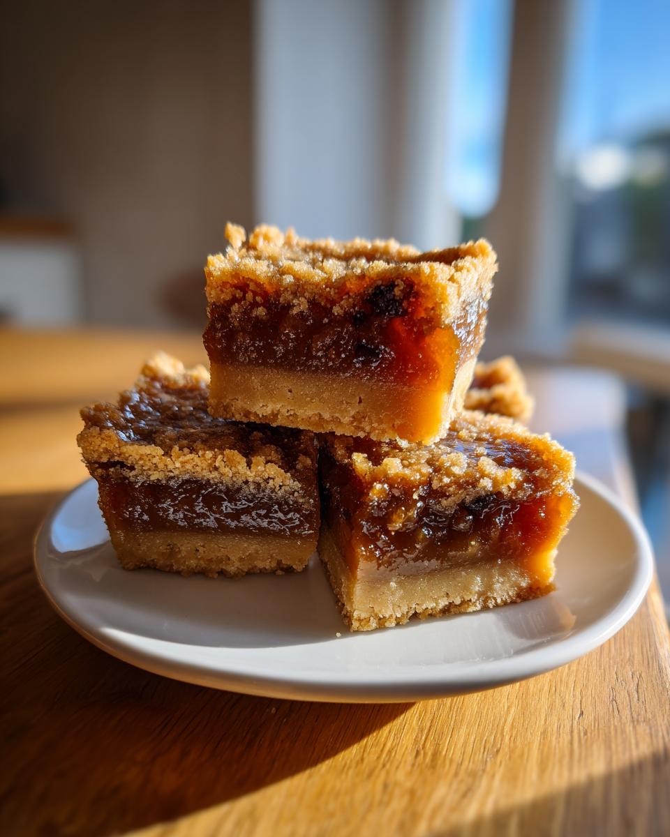 Three rich, gooey Butter Tart Squares stacked on a white plate, catching warm sunlight.