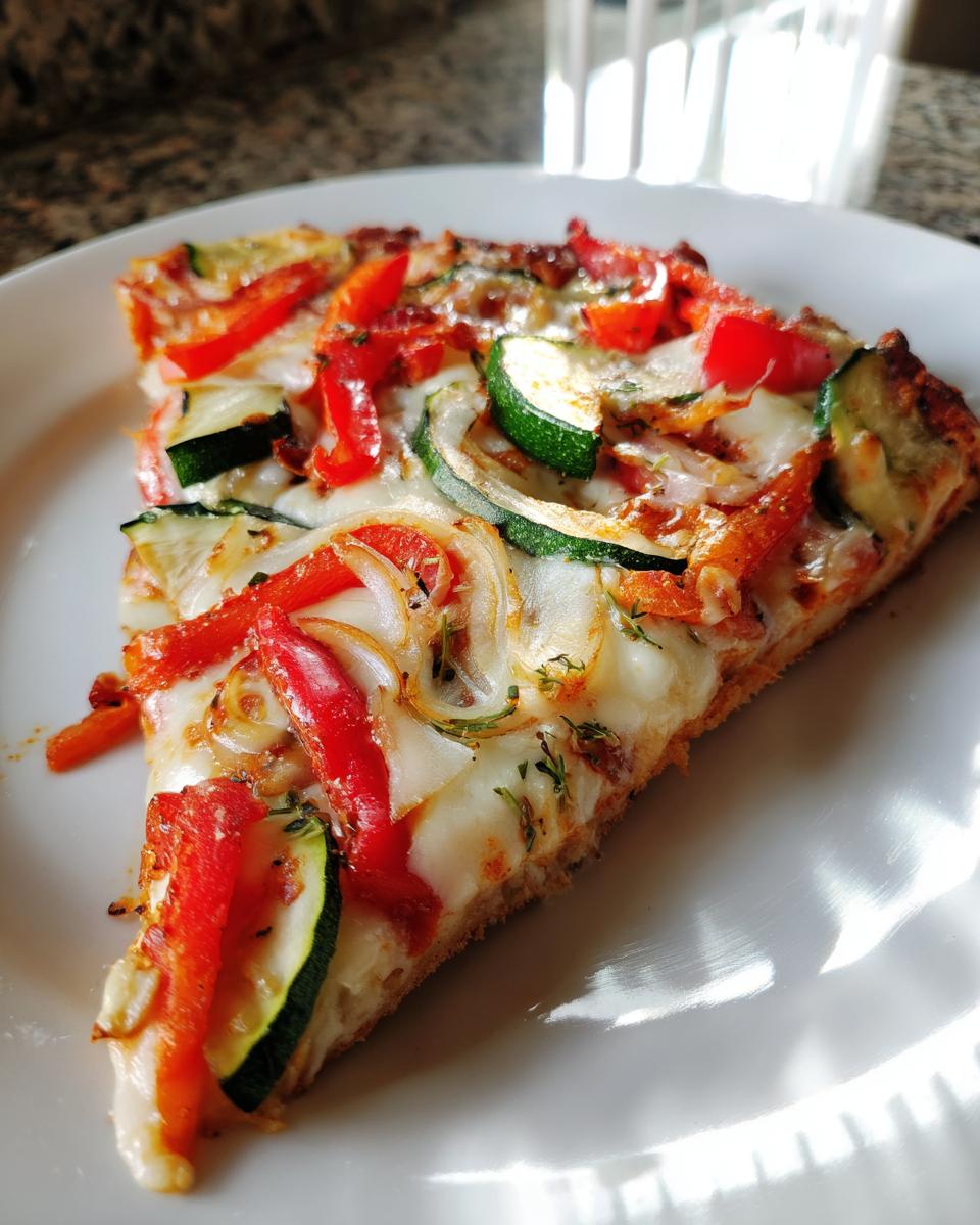 A slice of Cajun Veggie Pumpkin Pizza on a white plate, topped with melted cheese, red peppers, zucchini, and onions.