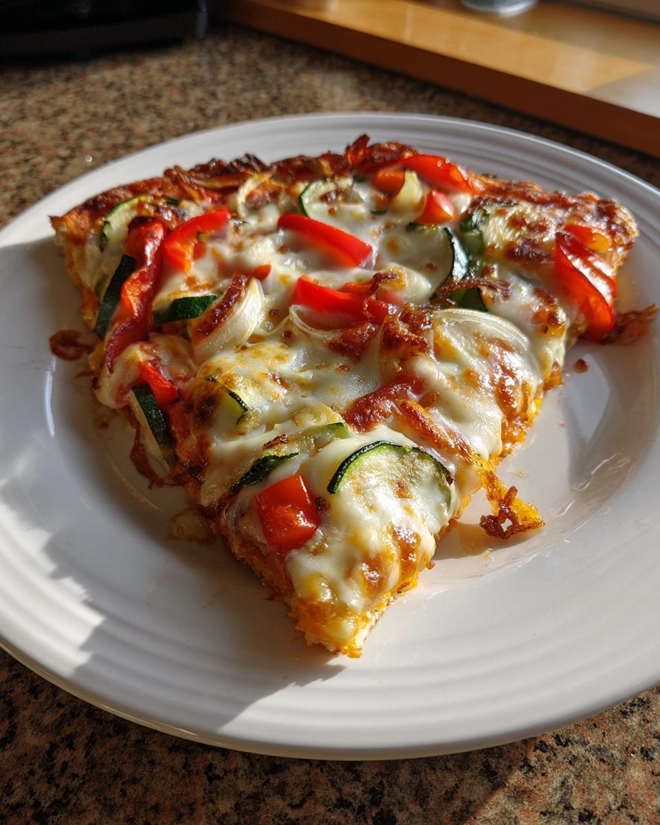 A delicious slice of Cajun Veggie Pumpkin Pizza topped with melted cheese, red peppers, zucchini, and onions.