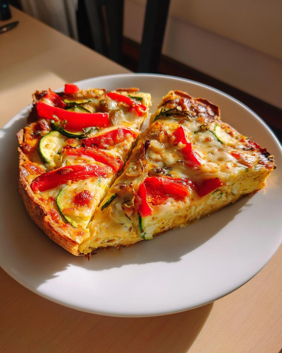 Three slices of Cajun Veggie Pumpkin Pizza topped with melted cheese, red peppers, and zucchini.