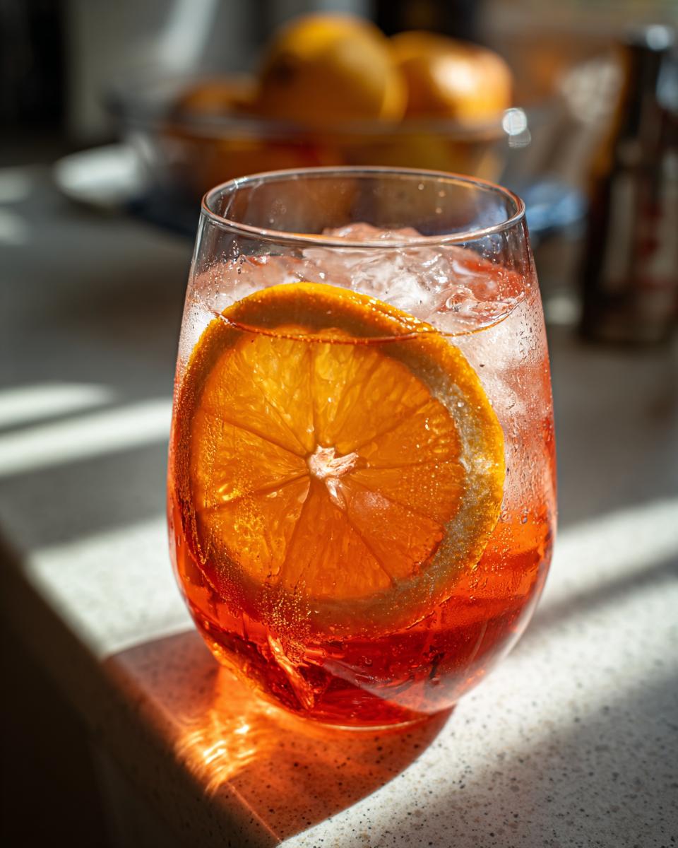A close-up of a vibrant orange Campari Spritz cocktail in a glass, filled with ice and garnished with a fresh orange slice.