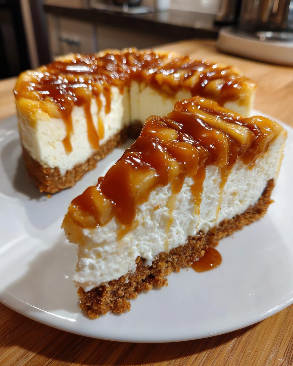 A perfect slice of Caramel Apple Cheesecake with a thick graham cracker crust and rich caramel topping.