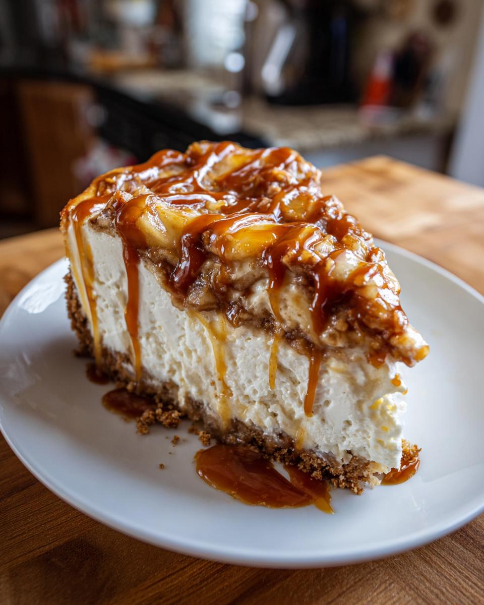 A decadent slice of Caramel Apple Cheesecake featuring a thick graham cracker crust and rich caramel apple topping.