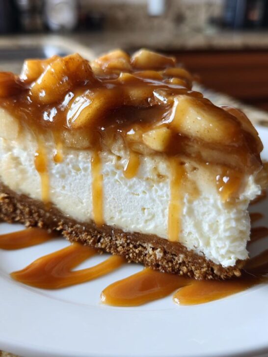 A decadent slice of Caramel Apple Cheesecake featuring a graham cracker crust and caramel topping.