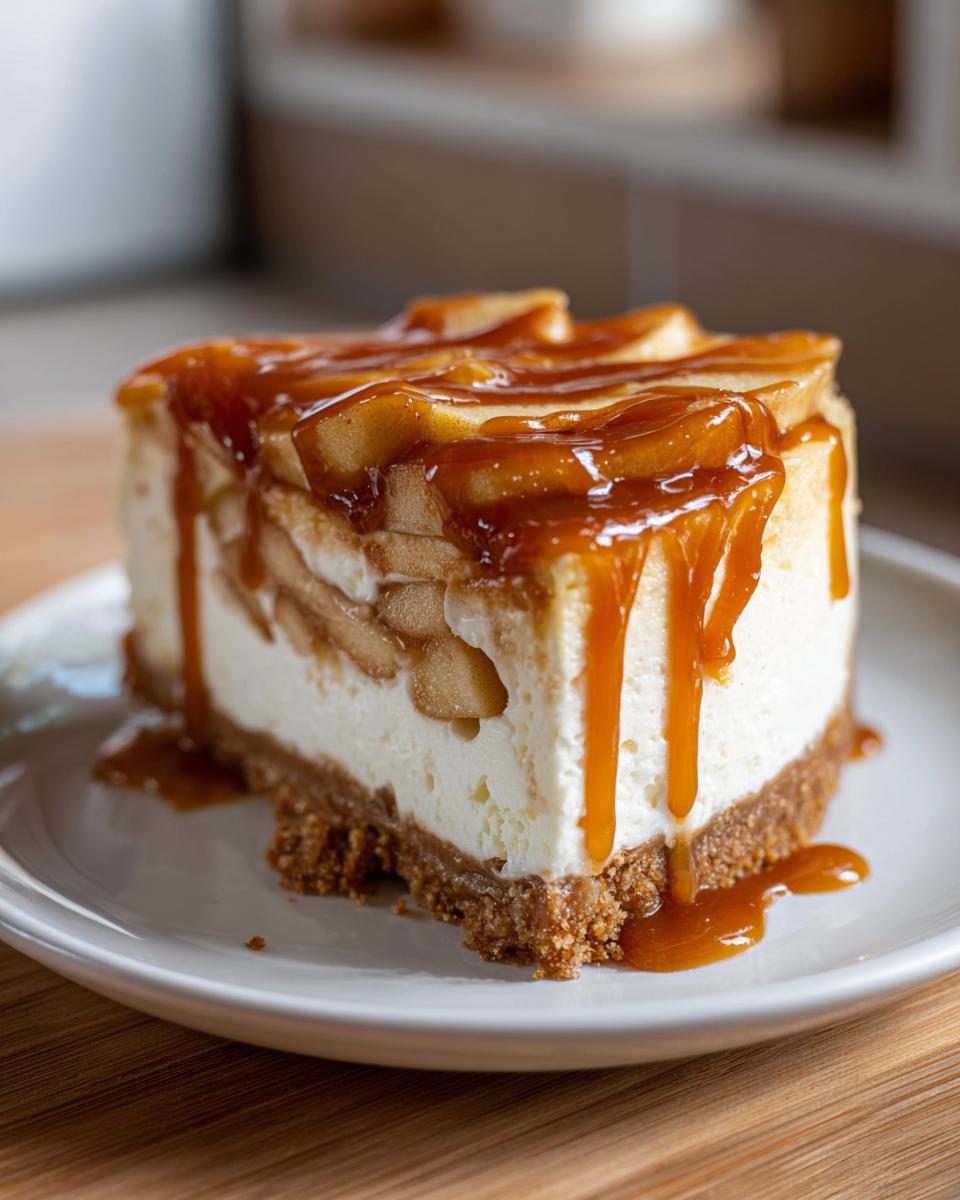 A decadent slice of Caramel Apple Cheesecake featuring a graham cracker crust, creamy filling, apple layers, and rich caramel sauce.