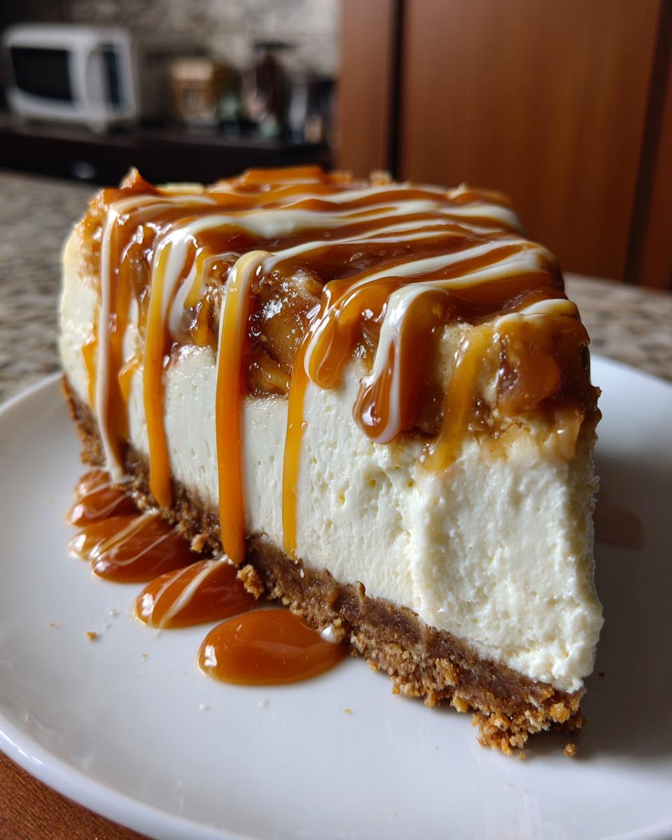 A thick slice of creamy Caramel Apple Cheesecake with a graham cracker crust, topped with apple filling and drizzled with caramel and white icing.