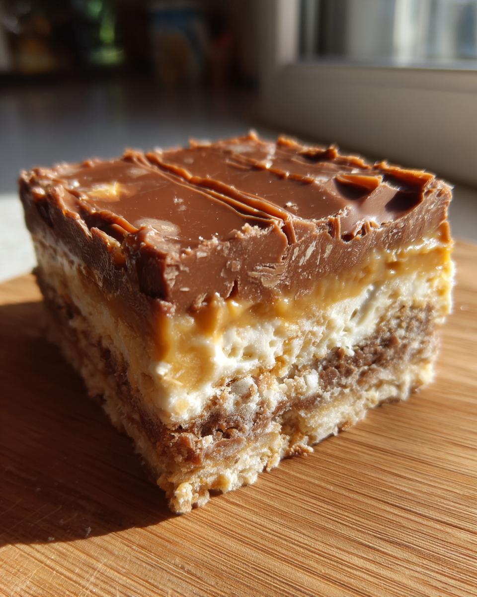 Close-up of a thick, layered Caramilk Slice featuring a chocolate top, caramel, creamy filling, and biscuit base on wood.