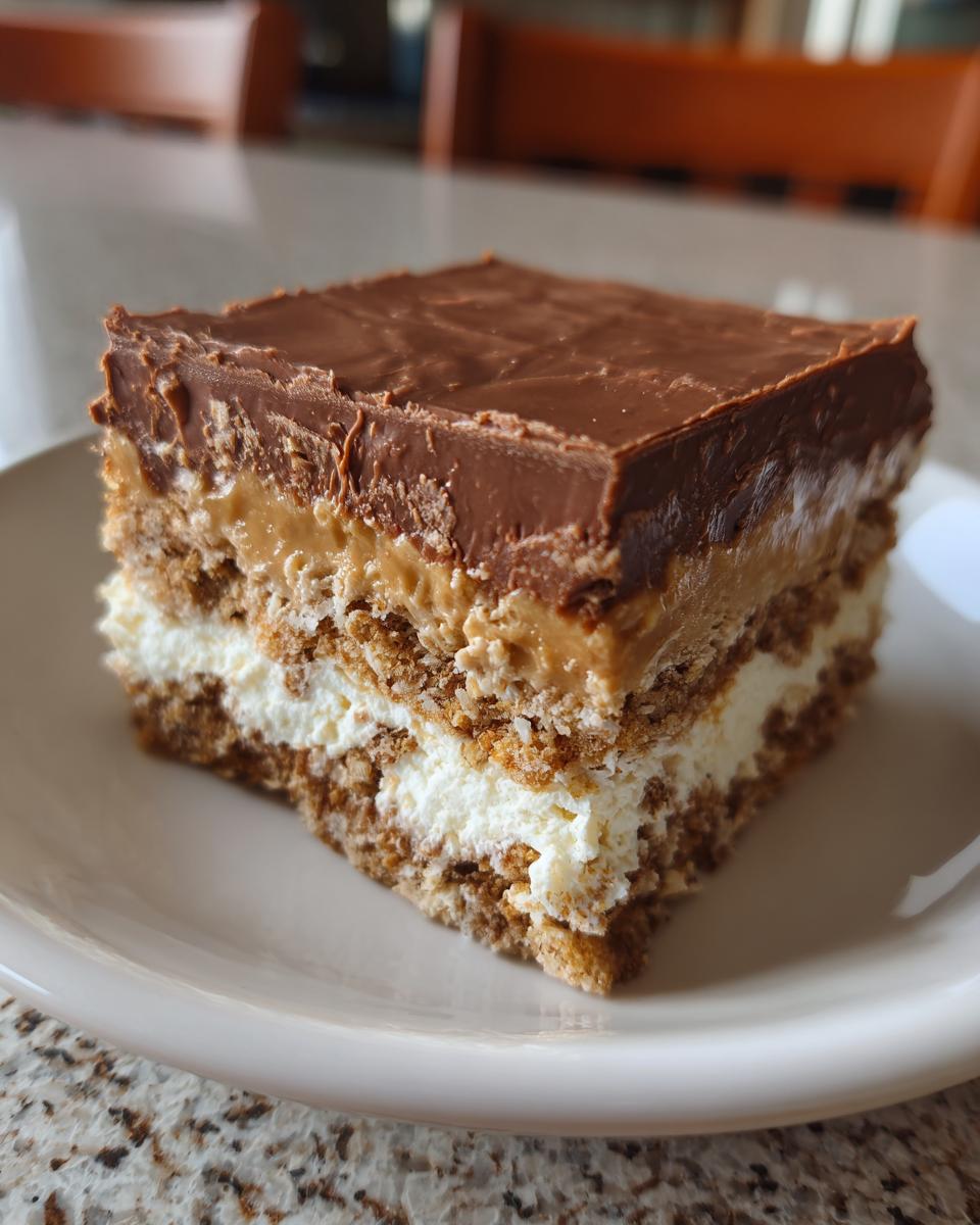 A close-up of a layered Caramilk Slice showing chocolate, caramel, cream, and biscuit base.