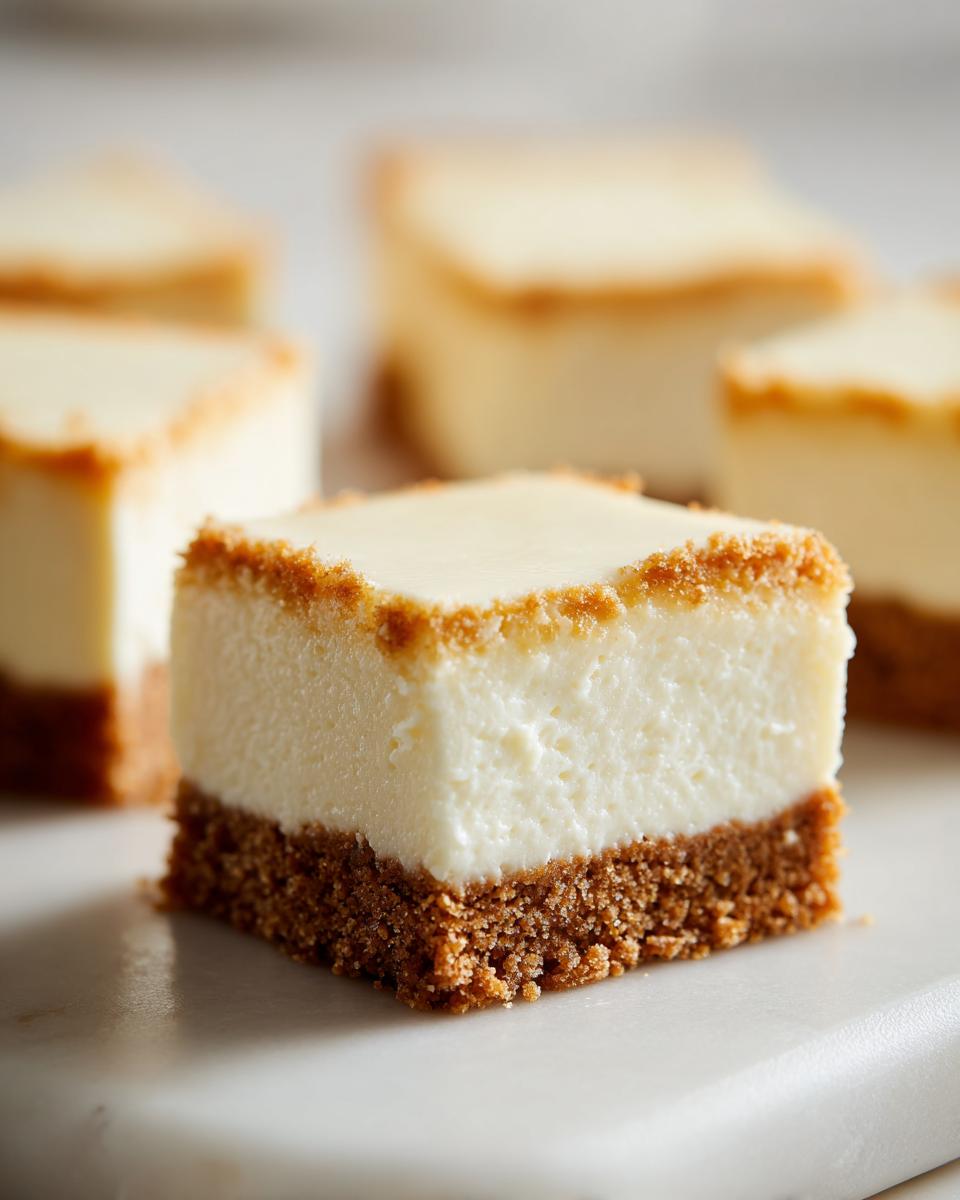 Close-up of a perfectly cut square of creamy Cheesecake Bars with a thick graham cracker crust.