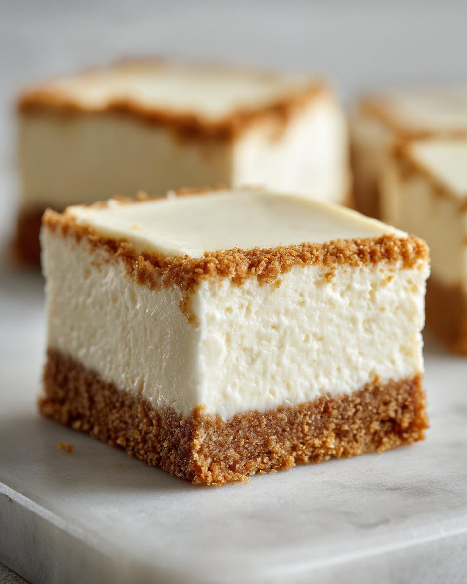 A single, perfectly cut square of creamy Cheesecake Bars with a thick graham cracker crust.