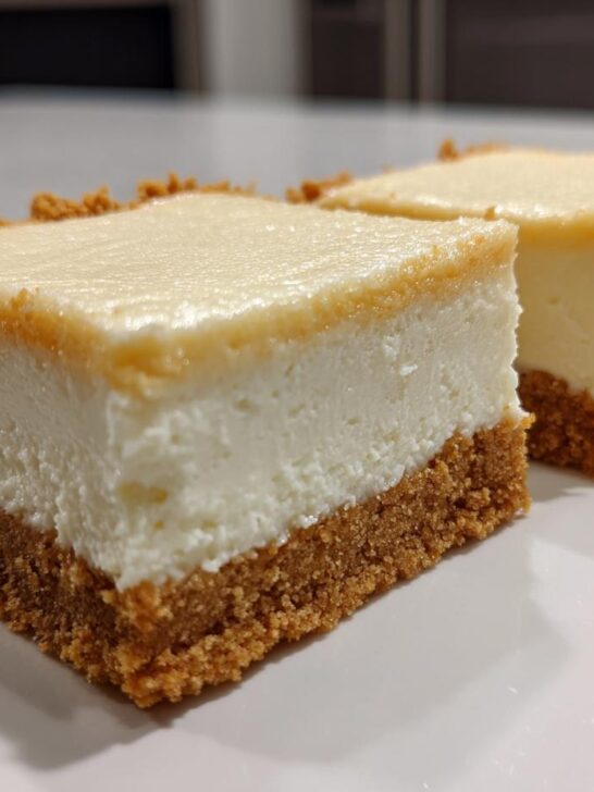 Two thick slices of creamy Cheesecake Bars with a golden graham cracker crust, served on a white dish.