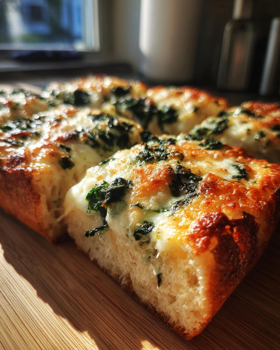 A close-up of The Best Cheesy Kale Garlic Bread, showing melted cheese and kale on toasted bread.