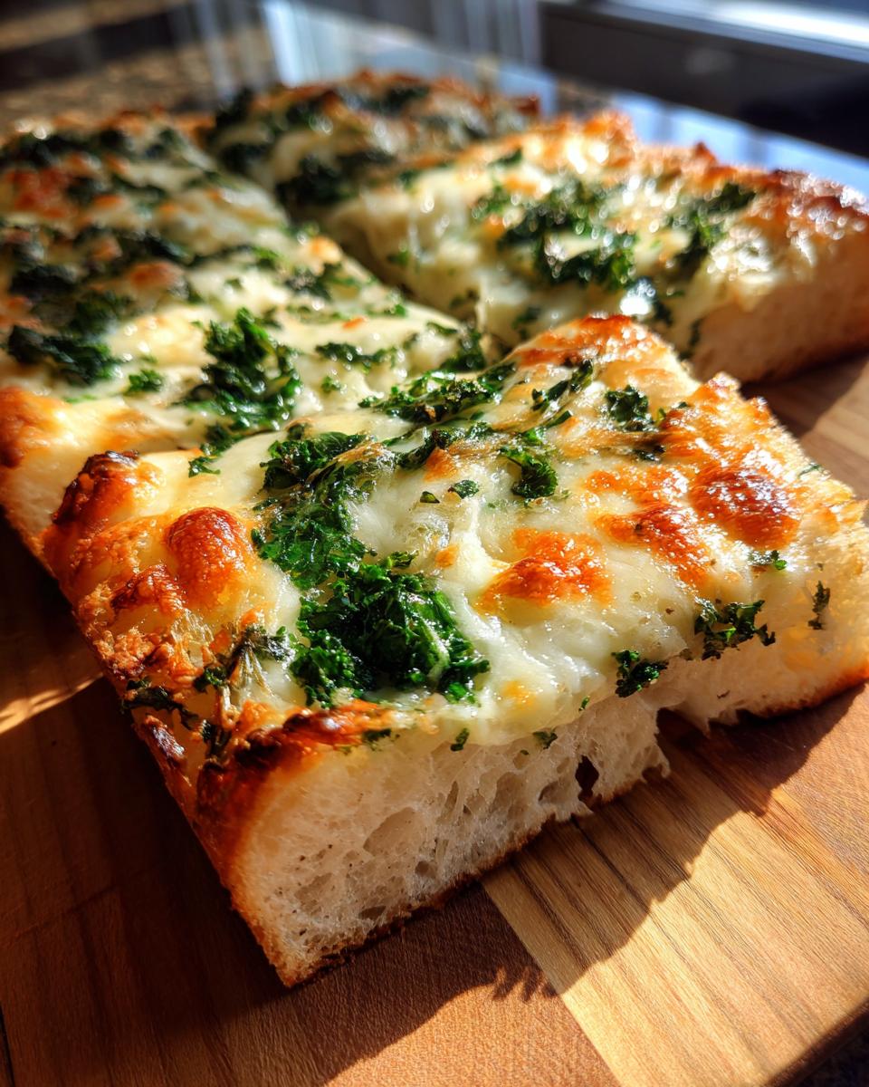 A close-up of a slice of The Best Cheesy Kale Garlic Bread, showing melted cheese and green kale on a crusty base.