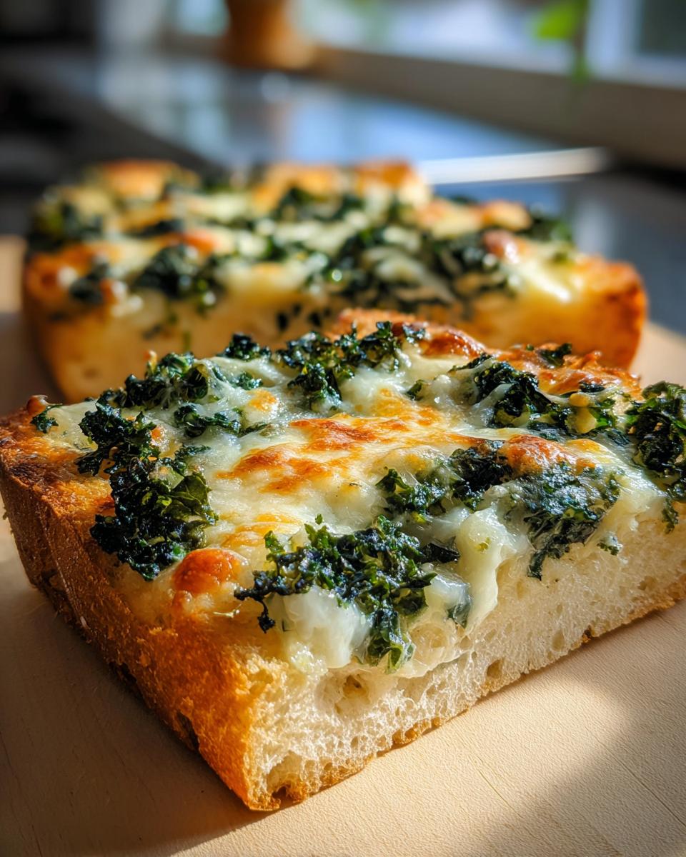 A close-up of a slice of The Best Cheesy Kale Garlic Bread, showing melted cheese and kale on toasted bread.