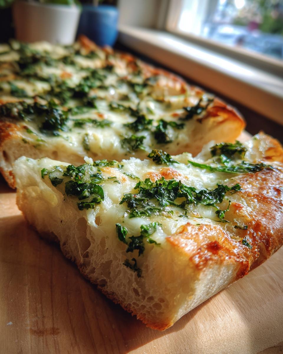 A close-up of a slice of The Best Cheesy Kale Garlic Bread, showing melted cheese and green kale.