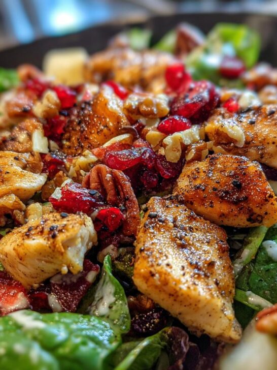 A close-up of a delicious Cherry Walnut Chicken Salad with grilled chicken, walnuts, and cranberries on a bed of spinach.