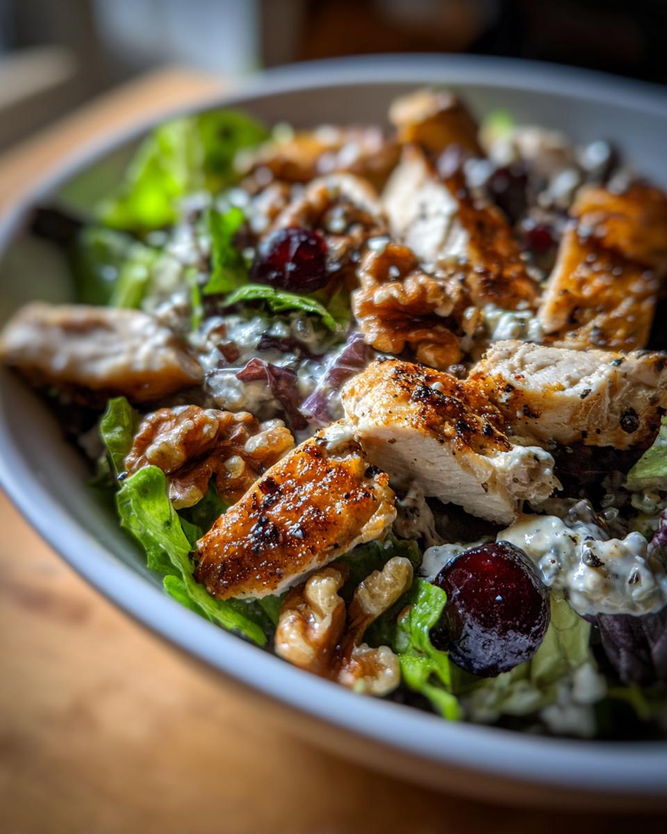 Close-up of a delicious Cherry Walnut Chicken Salad with grilled chicken, walnuts, cherries, and creamy dressing.