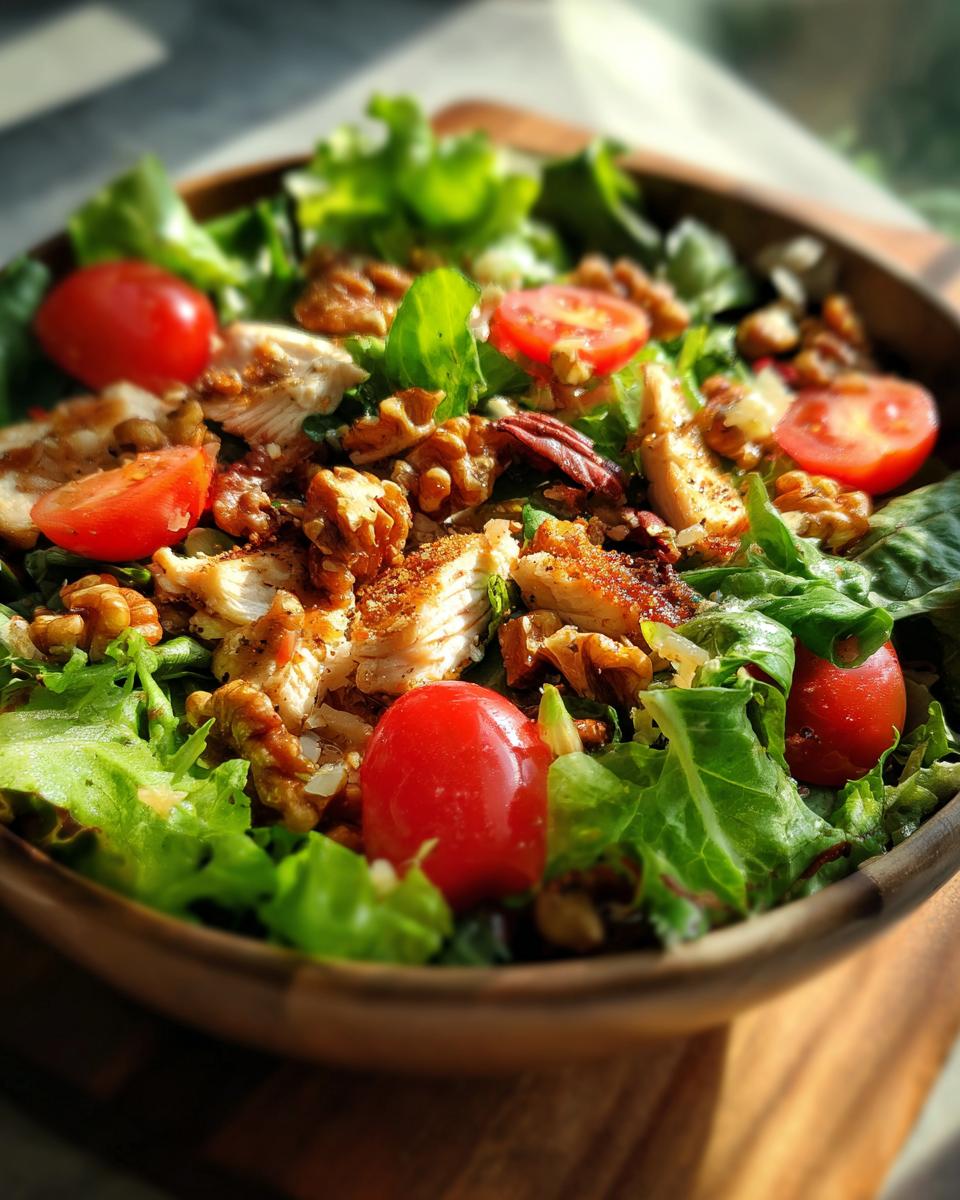 Close-up of a vibrant Cherry Walnut Chicken Salad in a wooden bowl, featuring sliced chicken, cherry tomatoes, and walnuts.