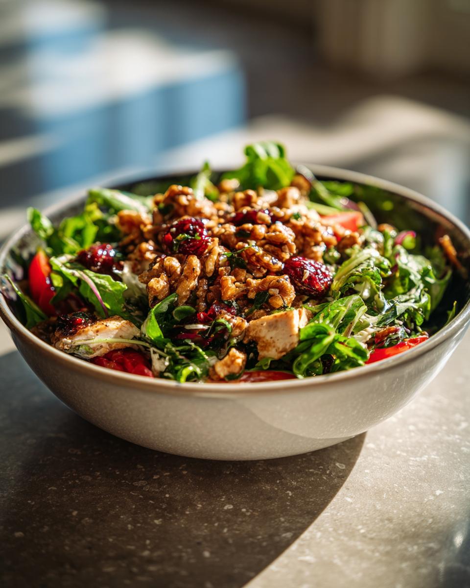 A bowl of Cherry Walnut Chicken Salad featuring tender chicken, crunchy walnuts, dried cherries, and fresh greens.