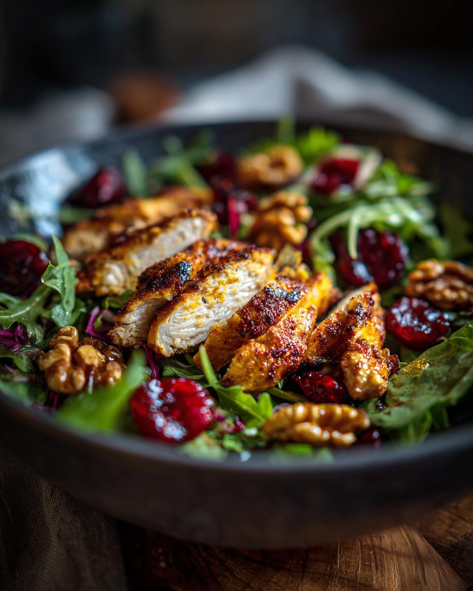 Close-up of sliced grilled chicken breast on a bed of greens with cherries and walnuts, featuring the Cherry Walnut Chicken Salad.