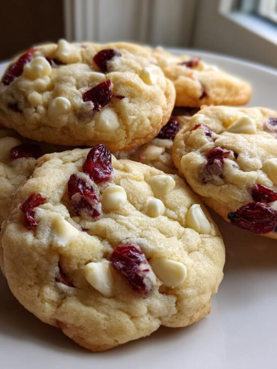 A stack of freshly baked, chewy Cranberry White Chocolate Cookies piled on a white plate near a window.